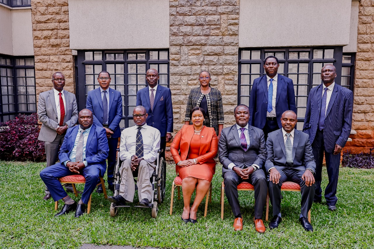 Hon. Rebecca Miano (Centre), EGH, Cabinet Secretary, Ministry of Investment, Trade, and Industry, and Dr. Juma Mukhwana (2nd Right), CBS, Principal Secretary, State Department for Industry, in a group photograph with heads of parastatals under the State Department of Industry on 24th January, 2024.